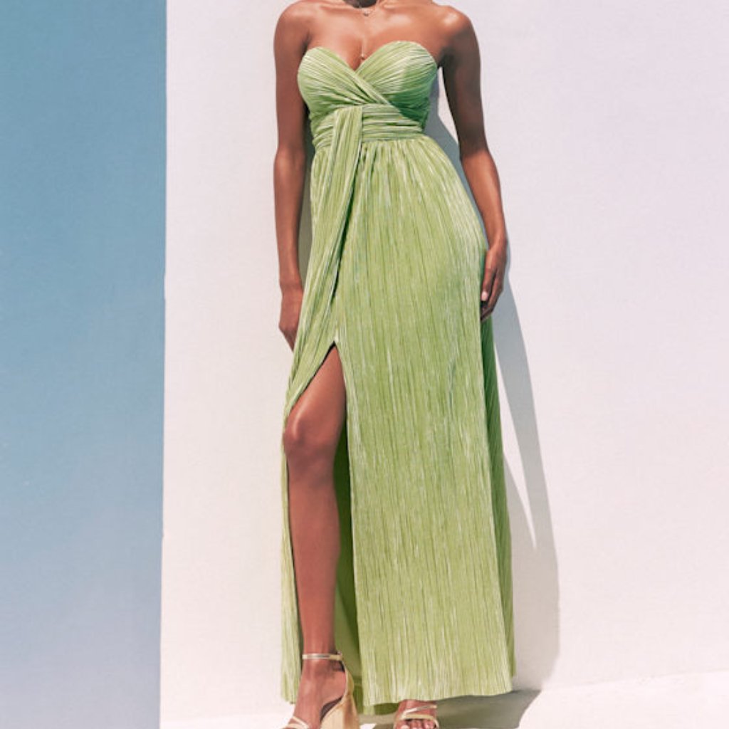 Lulus Oswin Lime Green Satin Plisse Strapless Maxi Dress - Size S